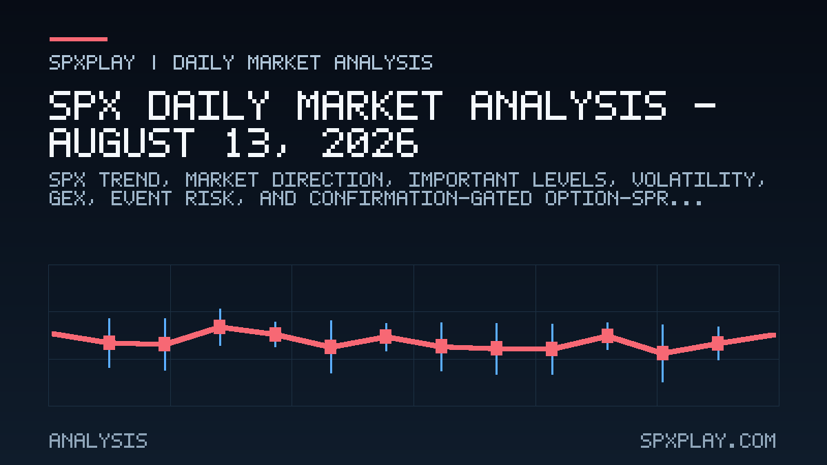 Market analysis graphic for SPX Daily Market Analysis — August 13, 2026: Upside lean | YELLOW risk | VIX 14.63