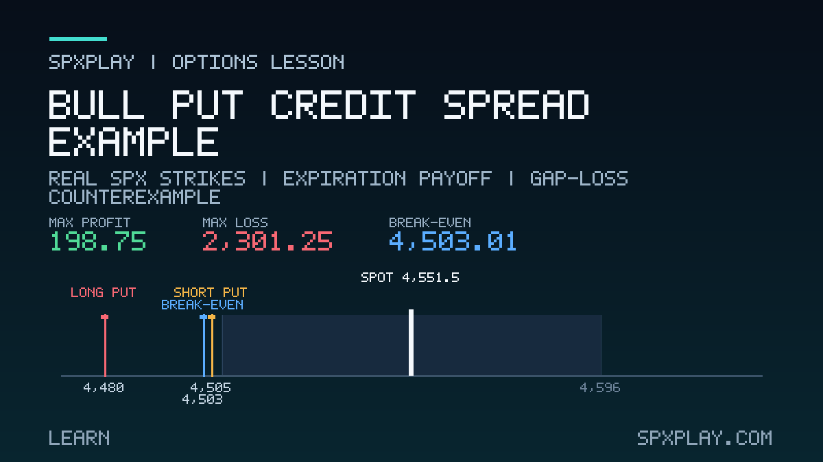 Options lesson graphic for Bull Put Credit Spread Example: Real SPX strikes | expiration payoff | gap-loss counterexample