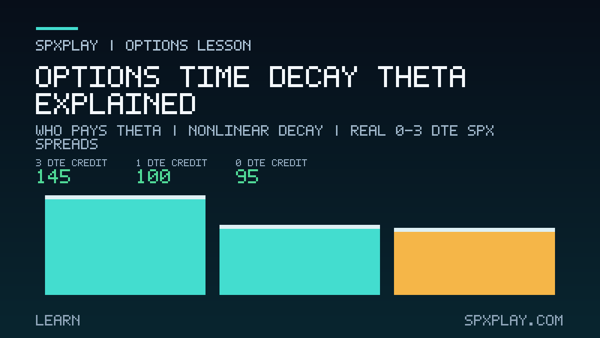 Options lesson graphic for Options Time Decay (Theta) Explained: Who pays theta | nonlinear decay | real 0-3 DTE SPX spreads