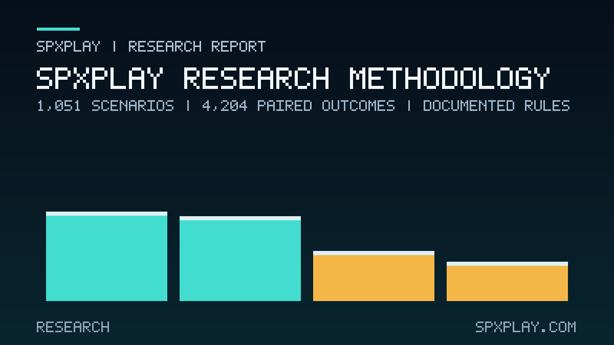 Research graphic for SPXPlay Research Methodology: 1,051 scenarios | 4,204 paired outcomes | documented rules