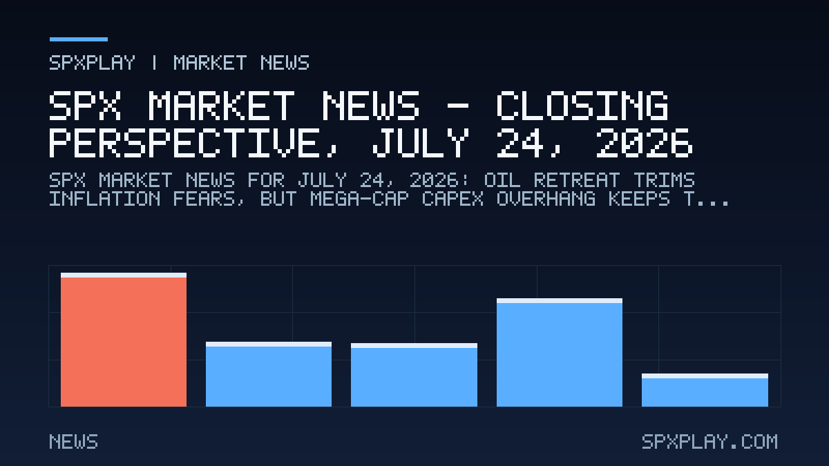 Market news graphic for SPX Market News — Closing perspective, July 24, 2026: Oil retreat trims inflation fears, but mega-cap capex overhang keeps…