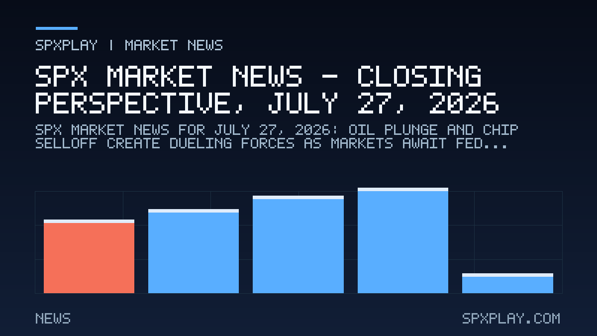 Market news graphic for SPX Market News — Closing perspective, July 27, 2026: Oil Plunge and Chip Selloff Create Dueling Forces as Markets Await Fed…