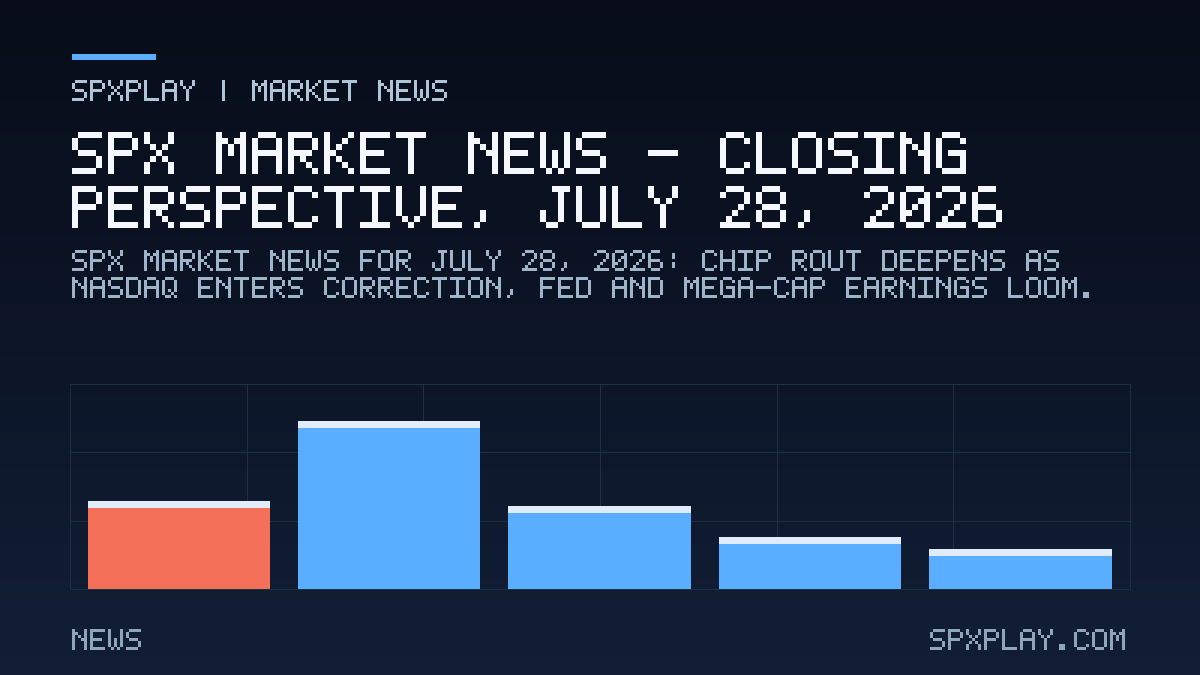 Market news graphic for SPX Market News — Closing perspective, July 28, 2026: Chip Rout Deepens as Nasdaq Enters Correction, Fed and Mega-Cap…
