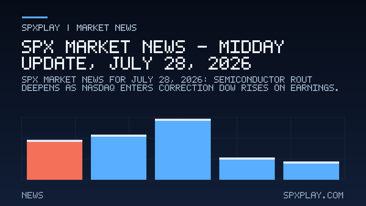 Market news graphic for SPX Market News — Midday update, July 28, 2026: Semiconductor Rout Deepens as Nasdaq Enters Correction; Dow Rises on Earnings