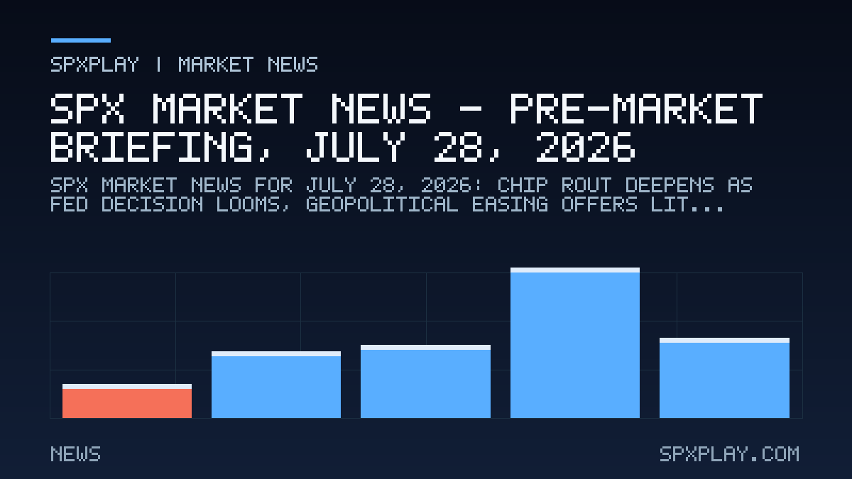 Market news graphic for SPX Market News — Pre-market briefing, July 28, 2026: Chip Rout Deepens as Fed Decision Looms, Geopolitical Easing Offers…