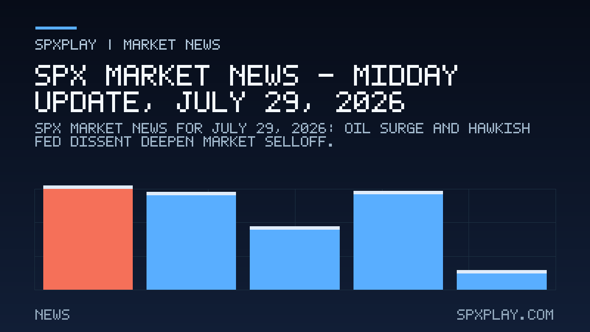 Market news graphic for SPX Market News — Midday update, July 29, 2026: Oil Surge and Hawkish Fed Dissent Deepen Market Selloff