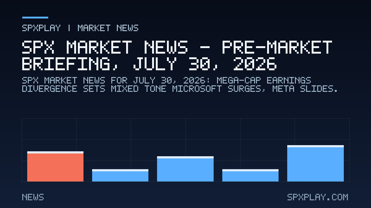 Market news graphic for SPX Market News — Pre-market briefing, July 30, 2026: Mega-Cap Earnings Divergence Sets Mixed Tone; Microsoft Surges, Meta…