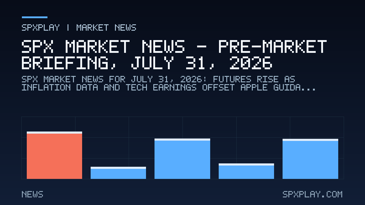 Market news graphic for SPX Market News — Pre-market briefing, July 31, 2026: Futures Rise as Inflation Data and Tech Earnings Offset Apple Guidance…