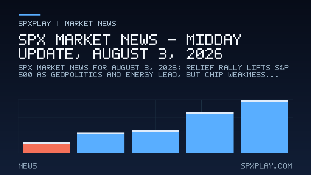Market news graphic for SPX Market News — Midday update, August 3, 2026: Relief rally lifts S&P 500 as geopolitics and energy lead, but chip…