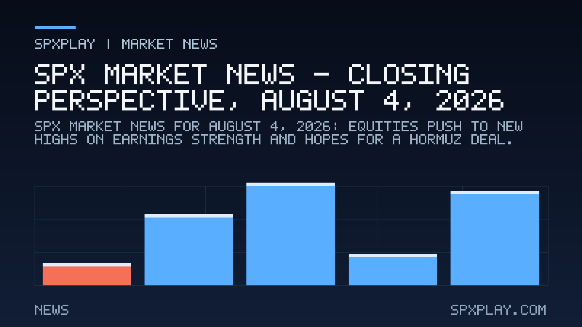 Market news graphic for SPX Market News — Closing perspective, August 4, 2026: Equities Push to New Highs on Earnings Strength and Hopes for a…