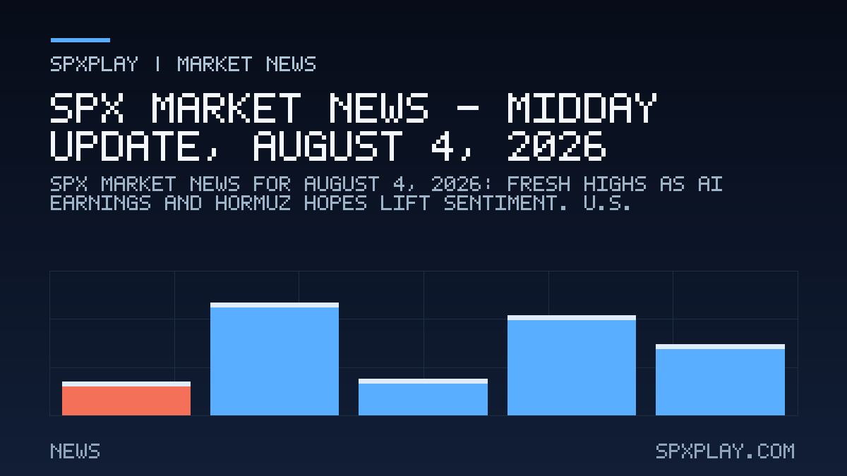 Market news graphic for SPX Market News — Midday update, August 4, 2026: Fresh Highs as AI Earnings and Hormuz Hopes Lift Sentiment