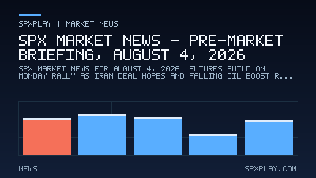 Market news graphic for SPX Market News — Pre-market briefing, August 4, 2026: Futures Build on Monday Rally as Iran Deal Hopes and Falling Oil…