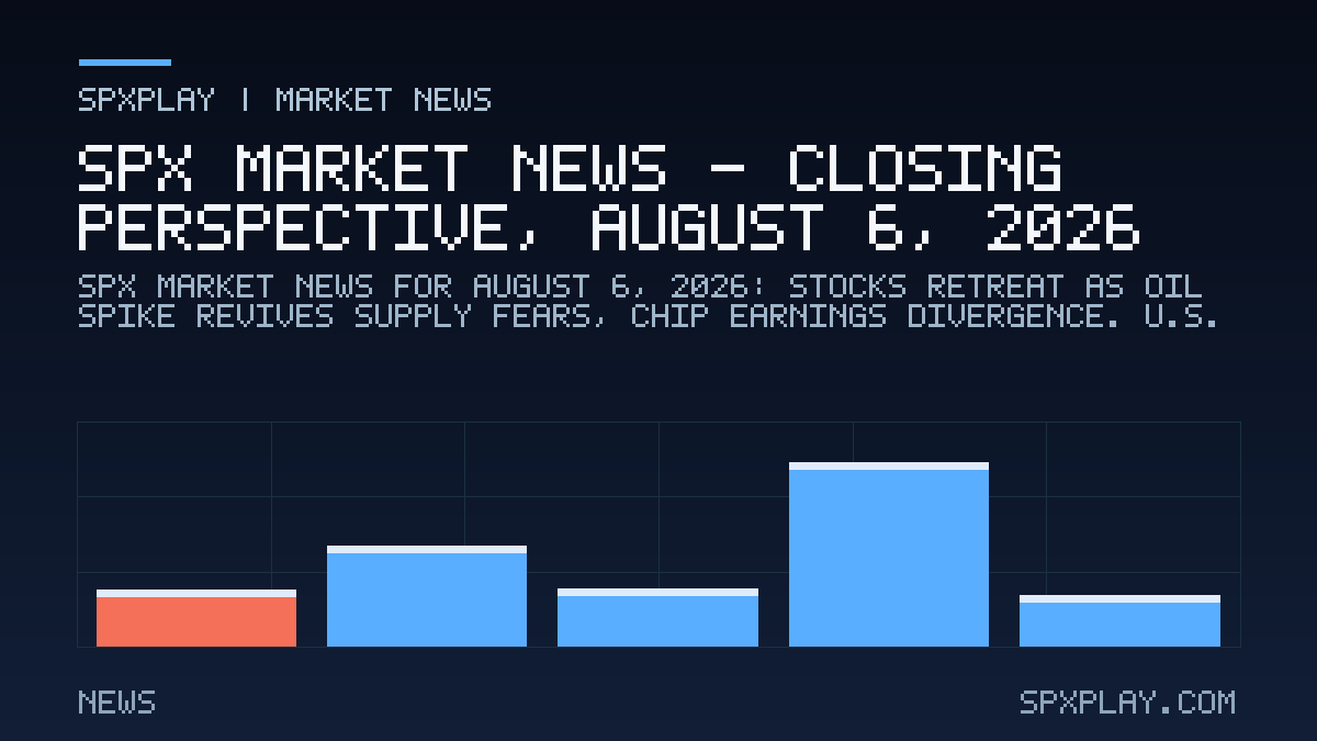 Market news graphic for SPX Market News — Closing perspective, August 6, 2026: Stocks Retreat as Oil Spike Revives Supply Fears, Chip Earnings…