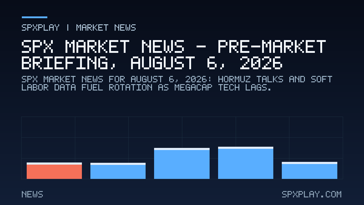 Market news graphic for SPX Market News — Pre-market briefing, August 6, 2026: Hormuz Talks and Soft Labor Data Fuel Rotation as Megacap Tech Lags
