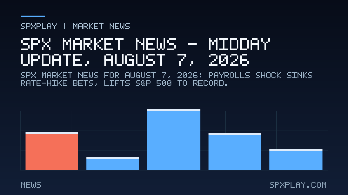 Market news graphic for SPX Market News — Midday update, August 7, 2026: Payrolls Shock Sinks Rate-Hike Bets, Lifts S&P 500 to Record