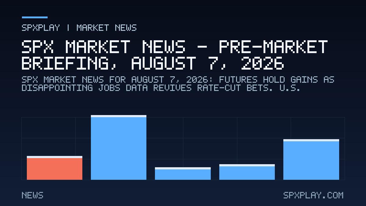 Market news graphic for SPX Market News — Pre-market briefing, August 7, 2026: Futures Hold Gains as Disappointing Jobs Data Revives Rate-Cut Bets