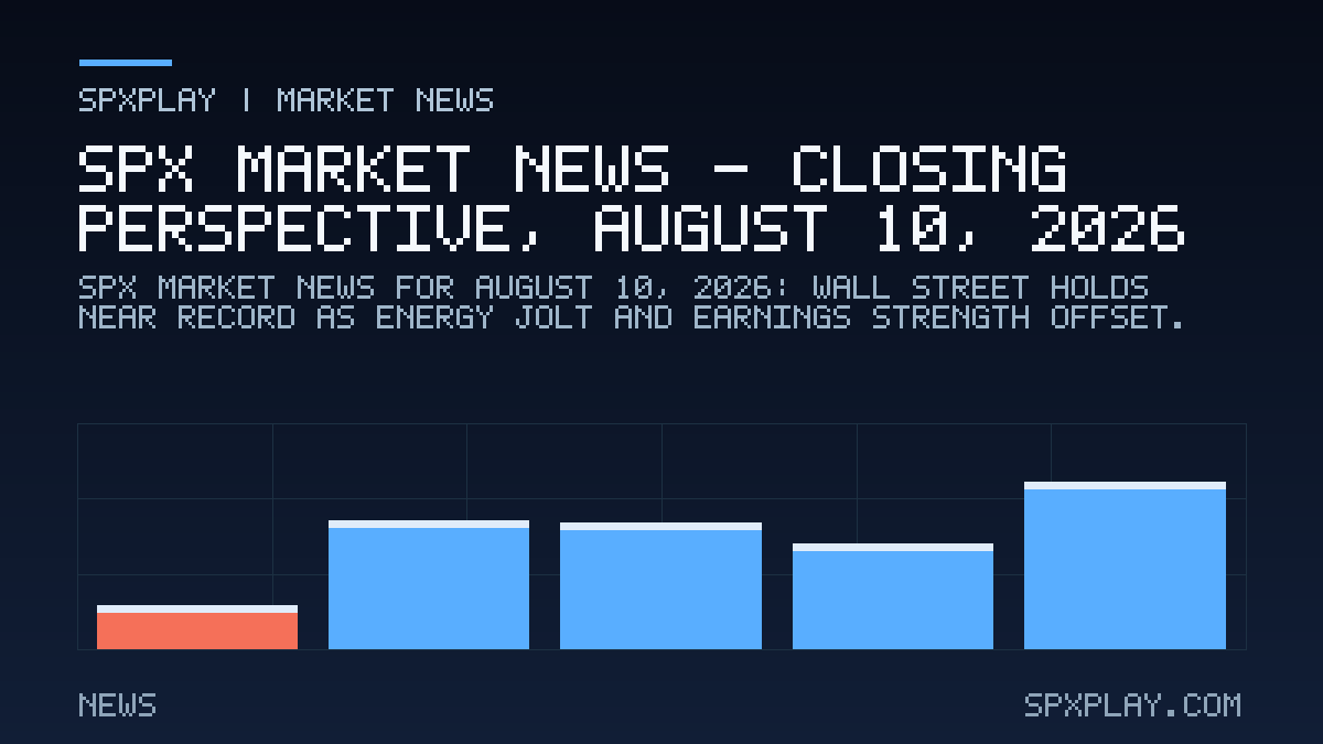 Market news graphic for SPX Market News — Closing perspective, August 10, 2026: Wall Street Holds Near Record as Energy Jolt and Earnings Strength…