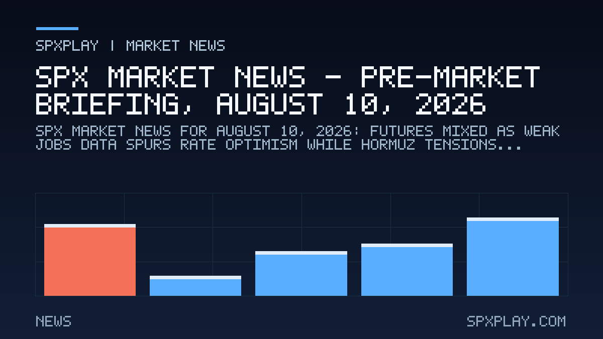 Market news graphic for SPX Market News — Pre-market briefing, August 10, 2026: Futures Mixed as Weak Jobs Data Spurs Rate Optimism While Hormuz…