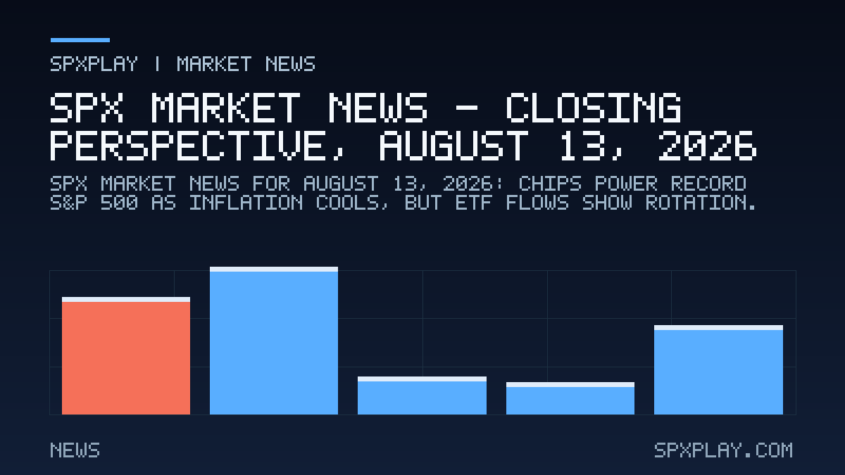 Market news graphic for SPX Market News — Closing perspective, August 13, 2026: Chips Power Record S&P 500 as Inflation Cools, But ETF Flows Show…