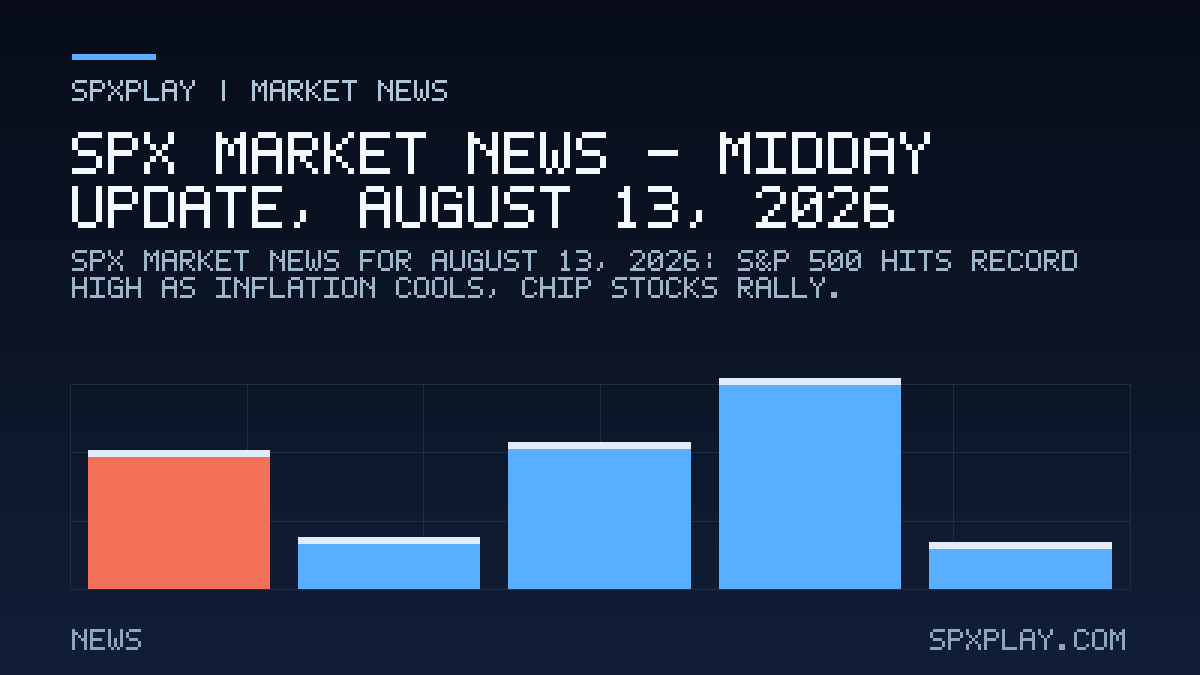 Market news graphic for SPX Market News — Midday update, August 13, 2026: S&P 500 Hits Record High as Inflation Cools, Chip Stocks Rally