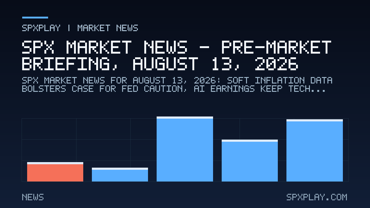 Market news graphic for SPX Market News — Pre-market briefing, August 13, 2026: Soft Inflation Data Bolsters Case for Fed Caution, AI Earnings Keep…