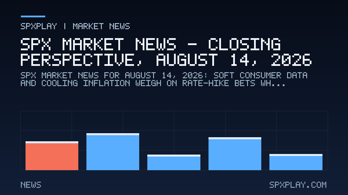 Market news graphic for SPX Market News — Closing perspective, August 14, 2026: Soft Consumer Data and Cooling Inflation Weigh on Rate-Hike Bets…