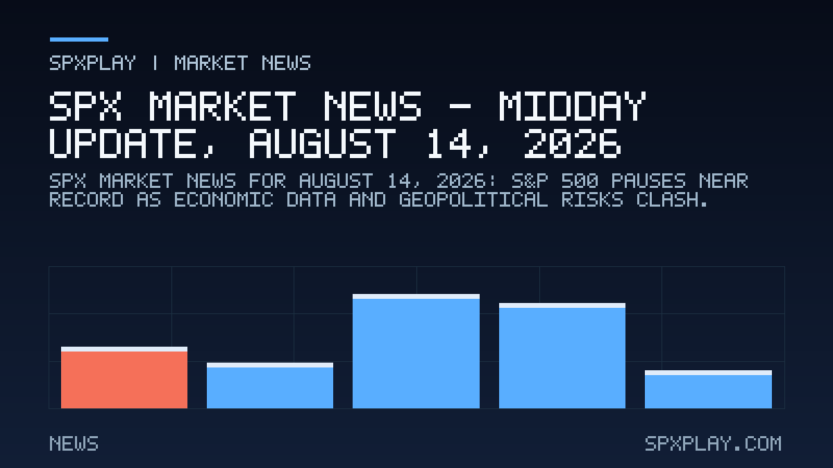 Market news graphic for SPX Market News — Midday update, August 14, 2026: S&P 500 Pauses Near Record as Economic Data and Geopolitical Risks Clash