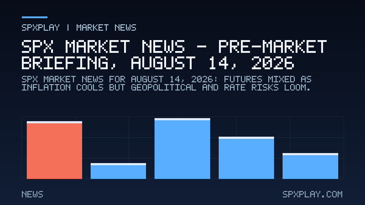 Market news graphic for SPX Market News — Pre-market briefing, August 14, 2026: Futures Mixed as Inflation Cools but Geopolitical and Rate Risks Loom