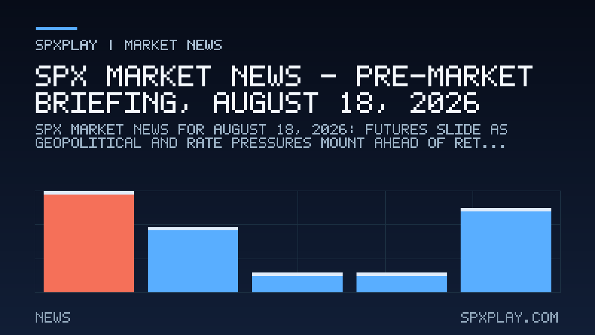 Market news graphic for SPX Market News — Pre-market briefing, August 18, 2026: Futures Slide as Geopolitical and Rate Pressures Mount Ahead of…
