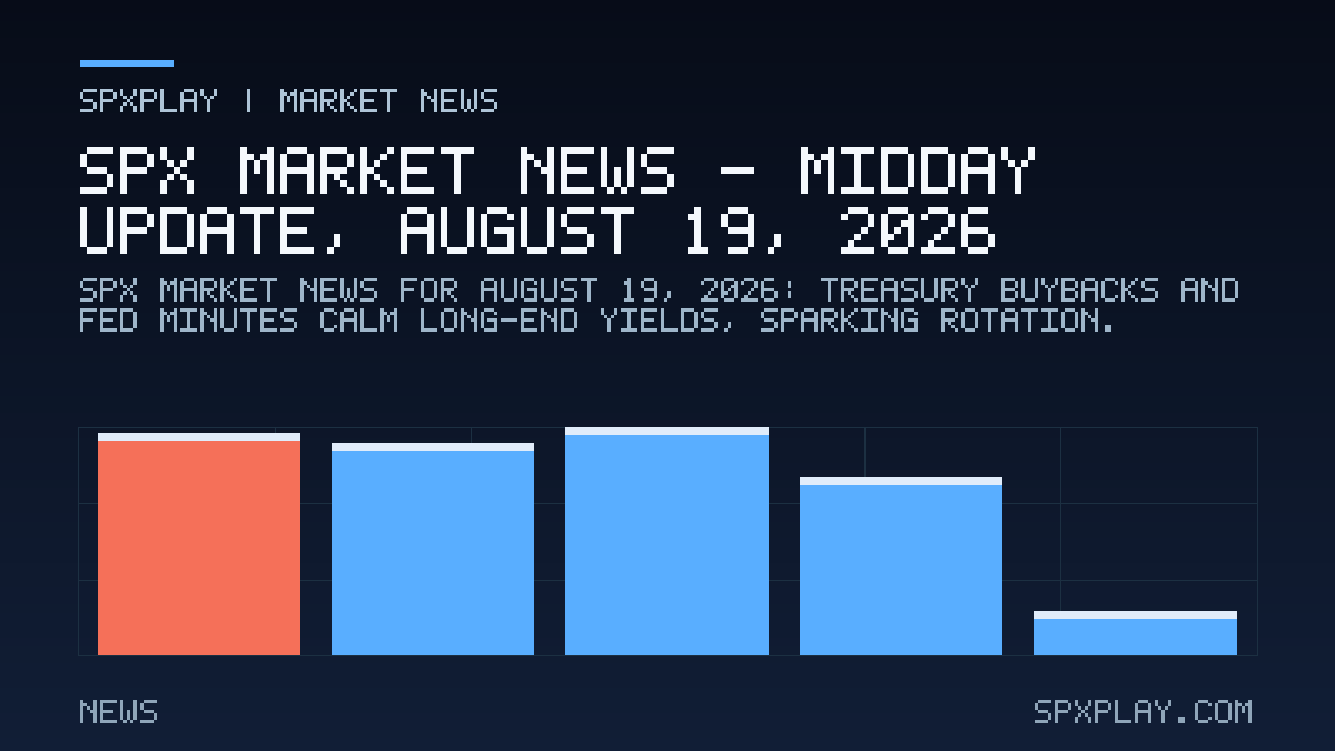 Market news graphic for SPX Market News — Midday update, August 19, 2026: Treasury Buybacks and Fed Minutes Calm Long-End Yields, Sparking Rotation
