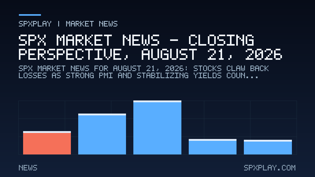 Market news graphic for SPX Market News — Closing perspective, August 21, 2026: Stocks Claw Back Losses as Strong PMI and Stabilizing Yields Counter…
