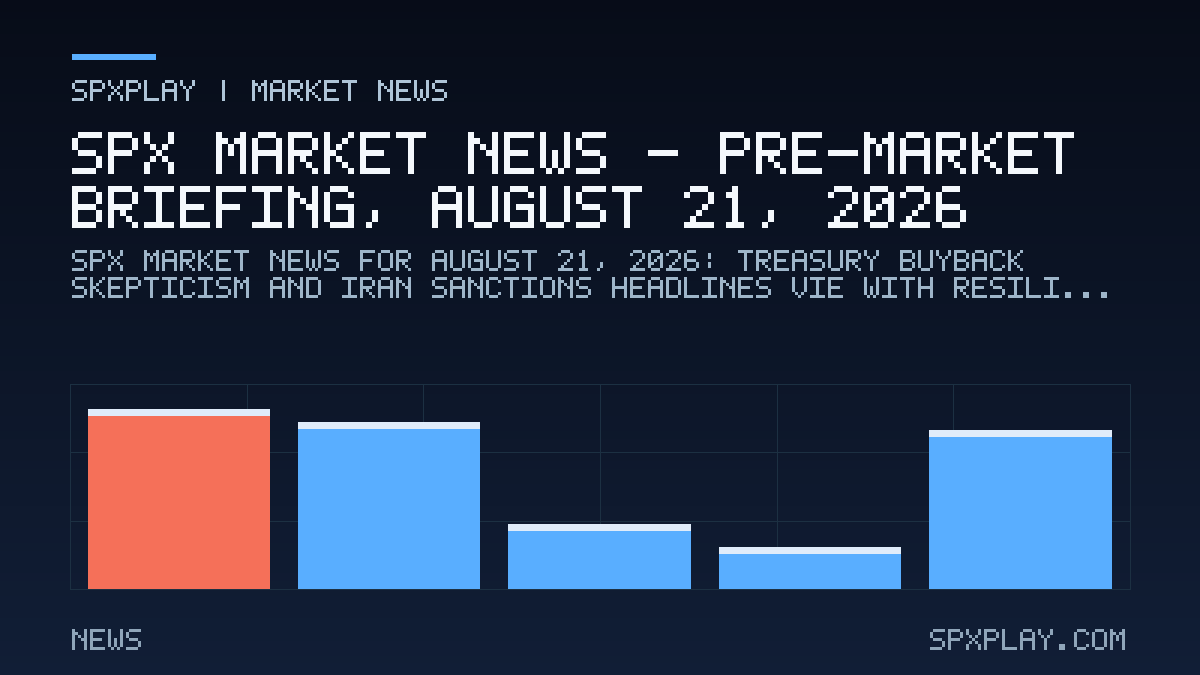 Market news graphic for SPX Market News — Pre-market briefing, August 21, 2026: Treasury buyback skepticism and Iran sanctions headlines vie with…