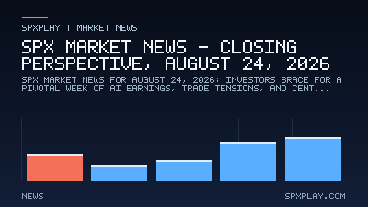 Market news graphic for SPX Market News — Closing perspective, August 24, 2026: Investors brace for a pivotal week of AI earnings, trade tensions…