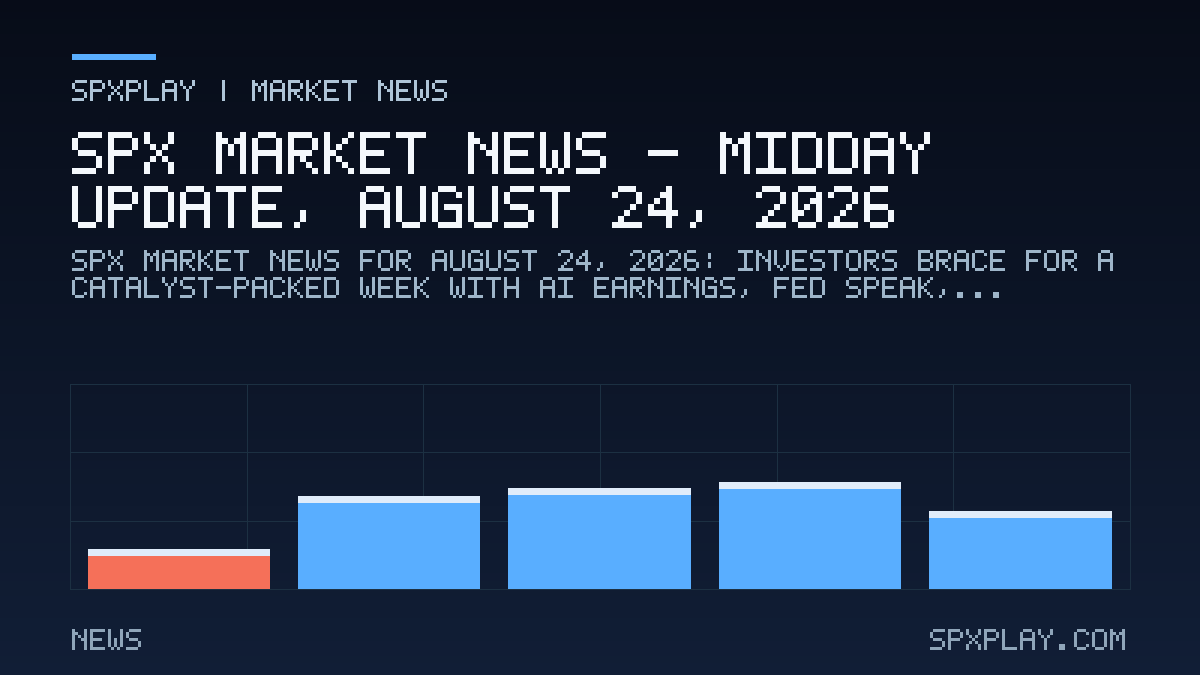 Market news graphic for SPX Market News — Midday update, August 24, 2026: Investors brace for a catalyst-packed week with AI earnings, Fed speak…