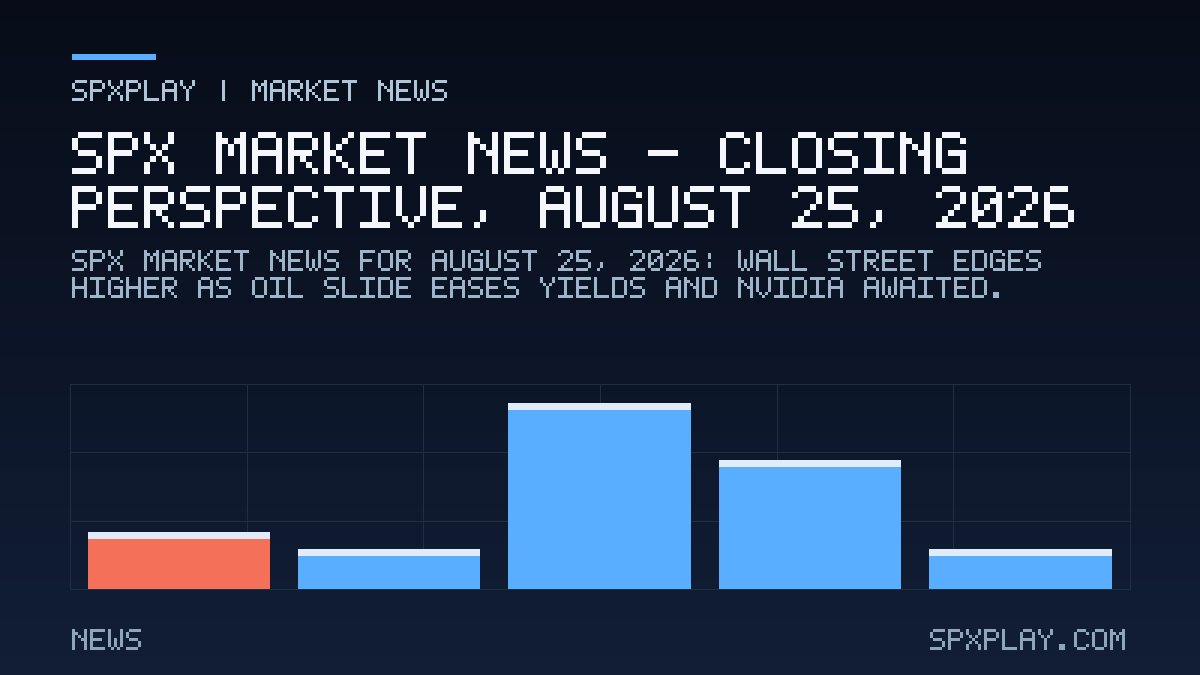 Market news graphic for SPX Market News — Closing perspective, August 25, 2026: Wall Street Edges Higher as Oil Slide Eases Yields and Nvidia Awaited