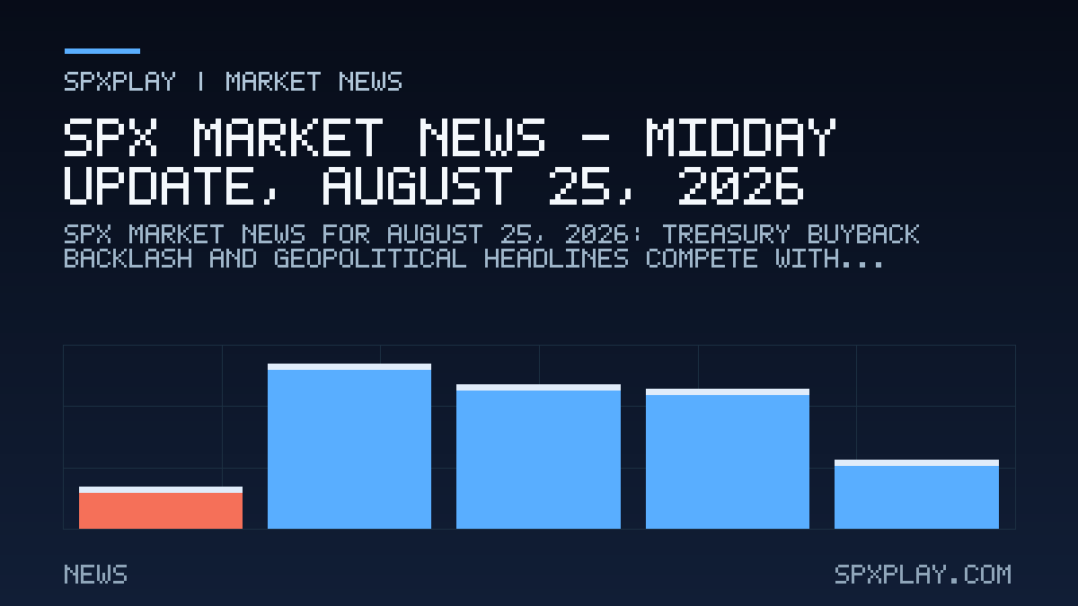 Market news graphic for SPX Market News — Midday update, August 25, 2026: Treasury Buyback Backlash and Geopolitical Headlines Compete With AI…
