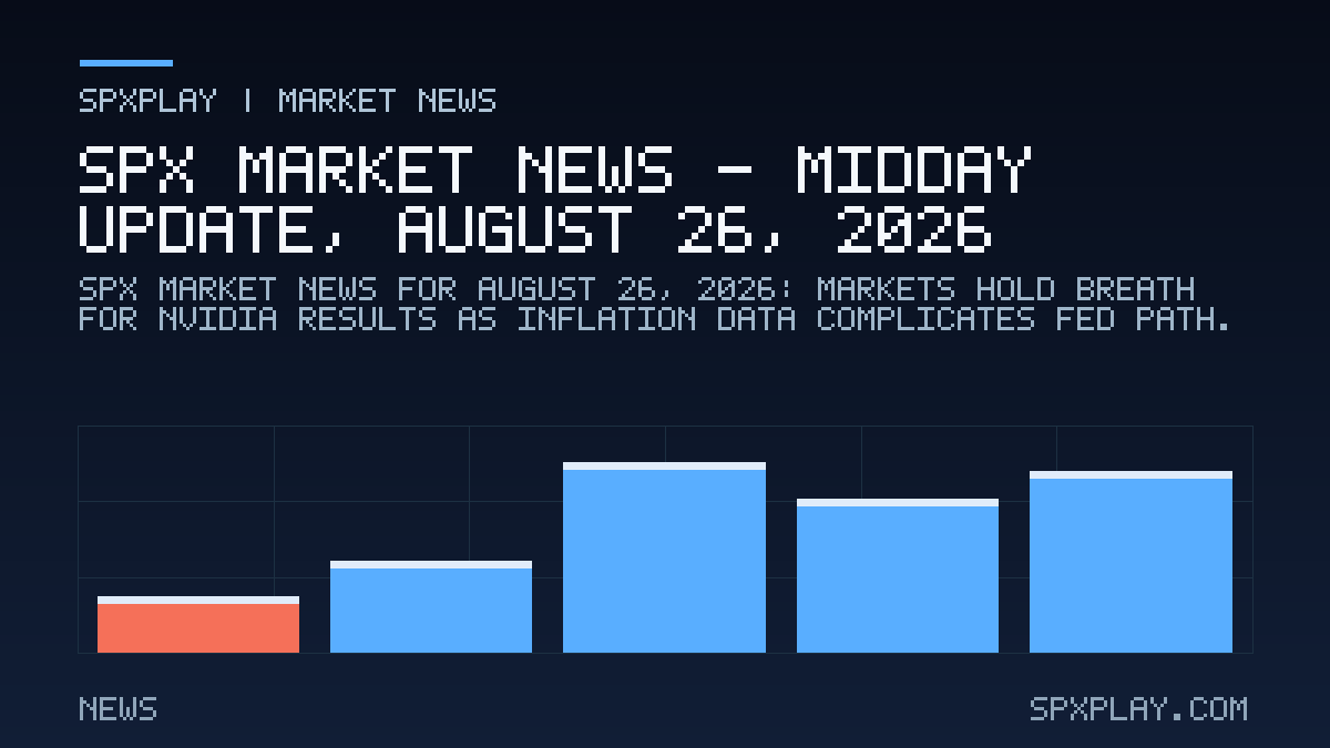 Market news graphic for SPX Market News — Midday update, August 26, 2026: Markets Hold Breath for Nvidia Results as Inflation Data Complicates Fed…