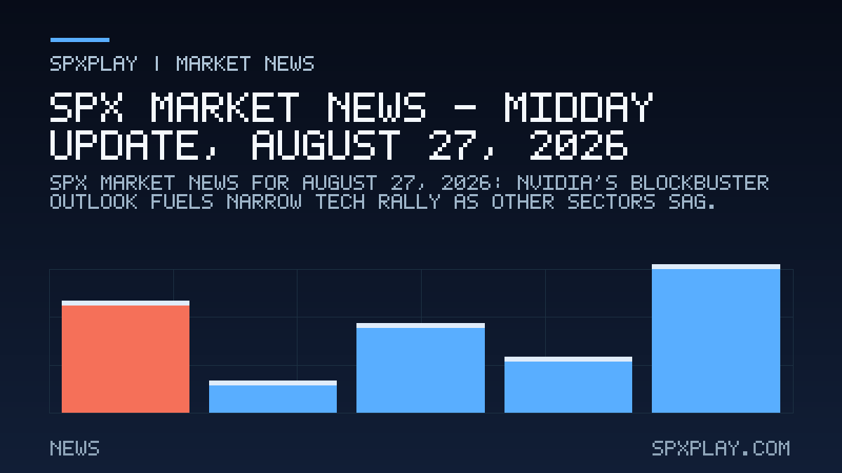 Market news graphic for SPX Market News — Midday update, August 27, 2026: Nvidia's Blockbuster Outlook Fuels Narrow Tech Rally as Other Sectors Sag