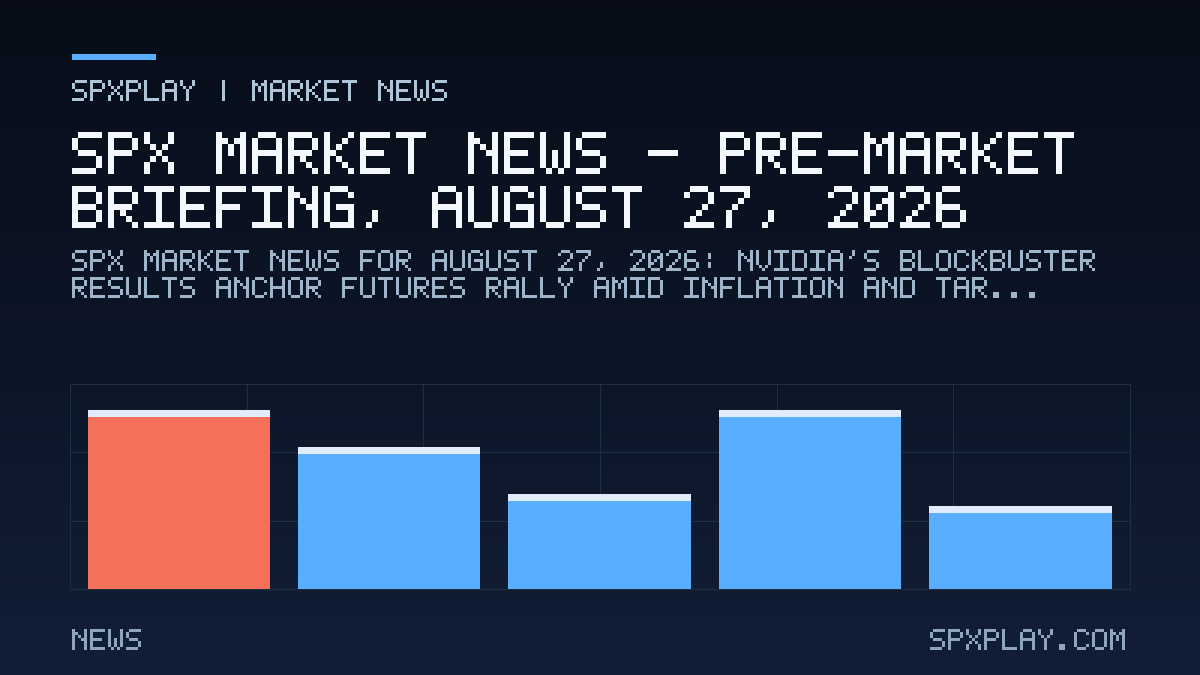Market news graphic for SPX Market News — Pre-market briefing, August 27, 2026: Nvidia's Blockbuster Results Anchor Futures Rally Amid Inflation and…