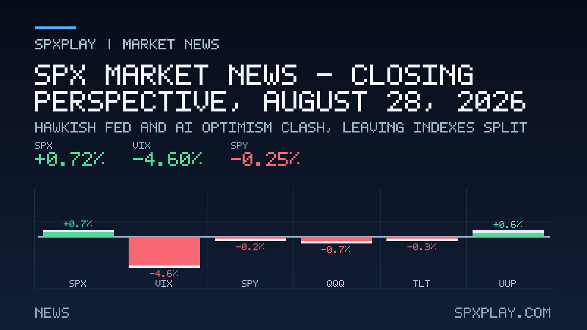 Market news graphic for SPX Market News — Closing perspective, August 28, 2026: Hawkish Fed and AI Optimism Clash, Leaving Indexes Split