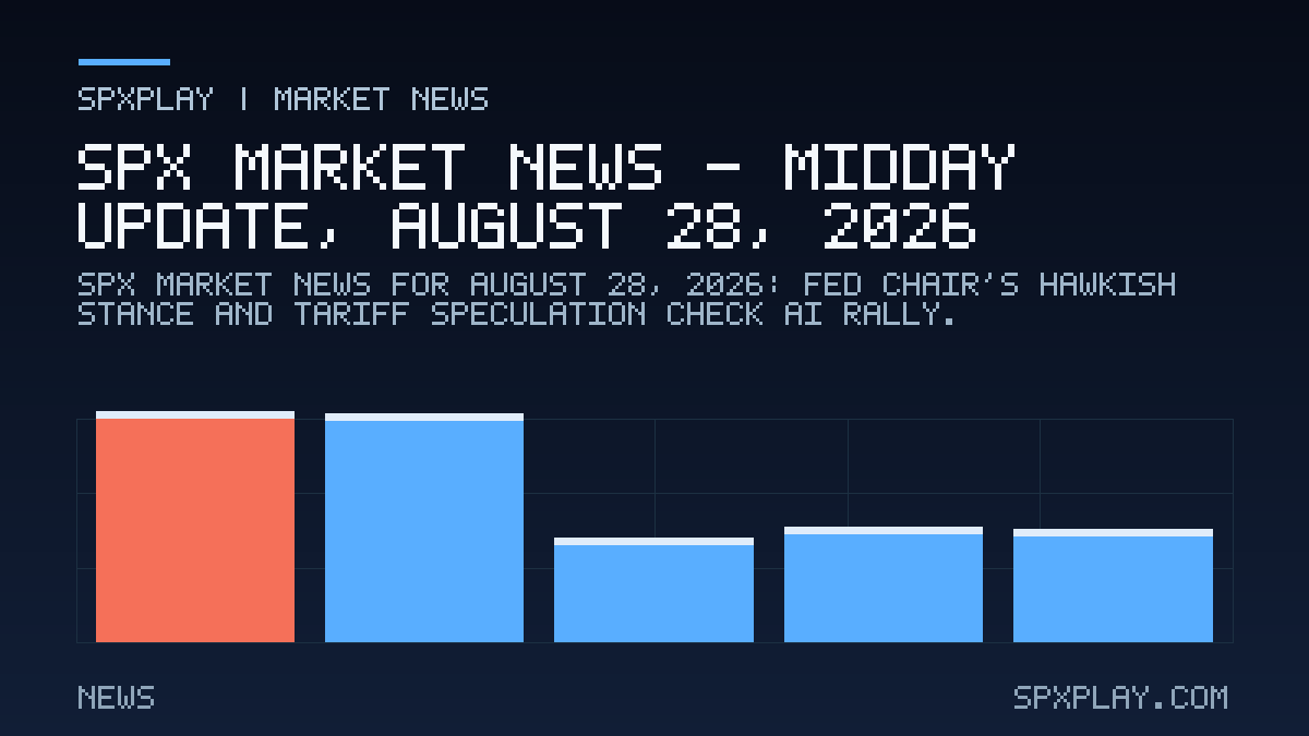 Market news graphic for SPX Market News — Midday update, August 28, 2026: Fed Chair's Hawkish Stance and Tariff Speculation Check AI Rally