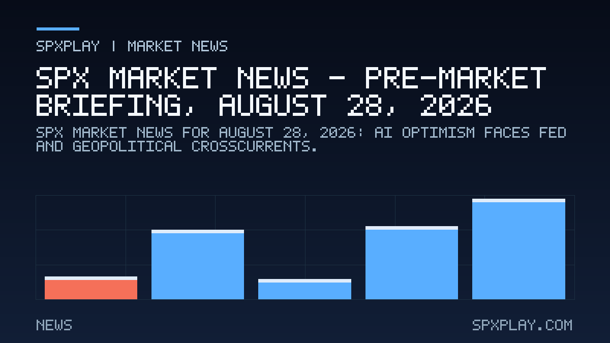 Market news graphic for SPX Market News — Pre-market briefing, August 28, 2026: AI Optimism Faces Fed and Geopolitical Crosscurrents