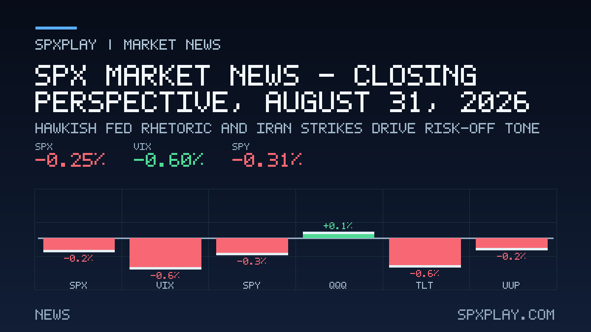 Market news graphic for SPX Market News — Closing perspective, August 31, 2026: Hawkish Fed Rhetoric and Iran Strikes Drive Risk-Off Tone