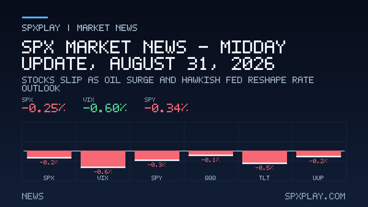 Market news graphic for SPX Market News — Midday update, August 31, 2026: Stocks Slip as Oil Surge and Hawkish Fed Reshape Rate Outlook