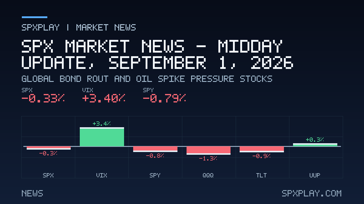 Market news graphic for SPX Market News — Midday update, September 1, 2026: Global Bond Rout and Oil Spike Pressure Stocks