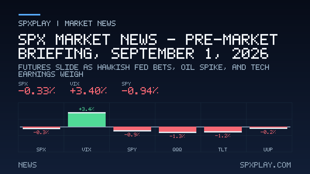 Market news graphic for SPX Market News — Pre-market briefing, September 1, 2026: Futures Slide as Hawkish Fed Bets, Oil Spike, and Tech Earnings…