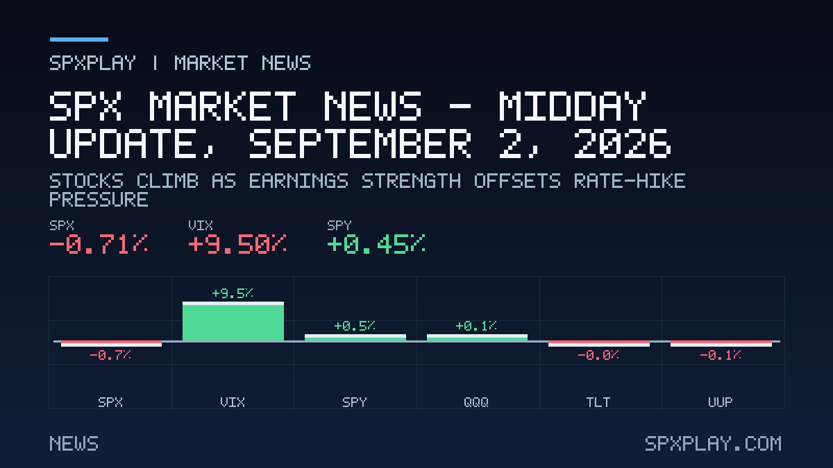 Market news graphic for SPX Market News — Midday update, September 2, 2026: Stocks Climb as Earnings Strength Offsets Rate-Hike Pressure