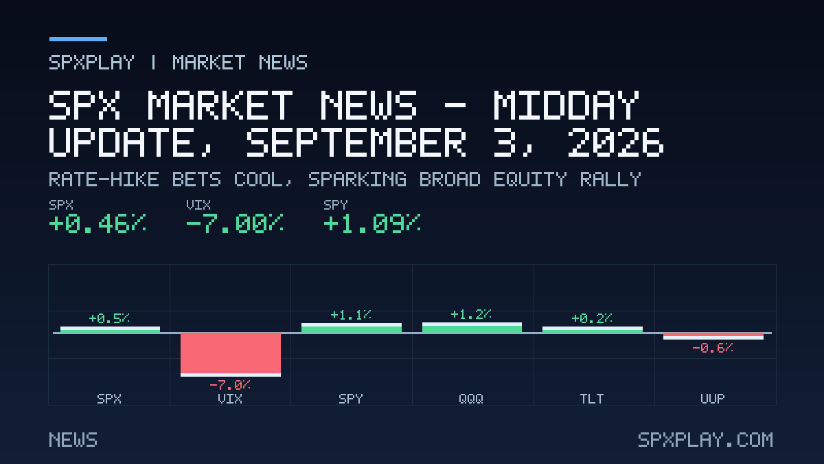 Market news graphic for SPX Market News — Midday update, September 3, 2026: Rate-Hike Bets Cool, Sparking Broad Equity Rally