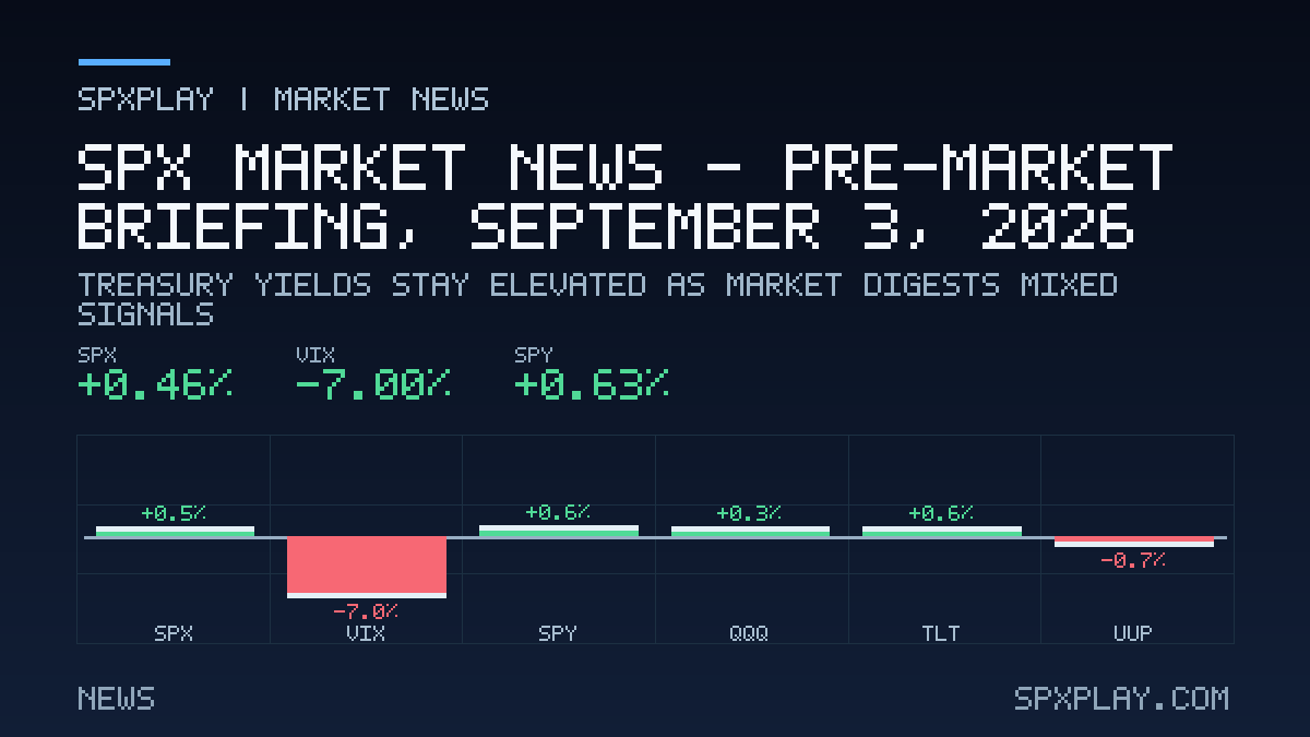 Market news graphic for SPX Market News — Pre-market briefing, September 3, 2026: Treasury Yields Stay Elevated as Market Digests Mixed Signals