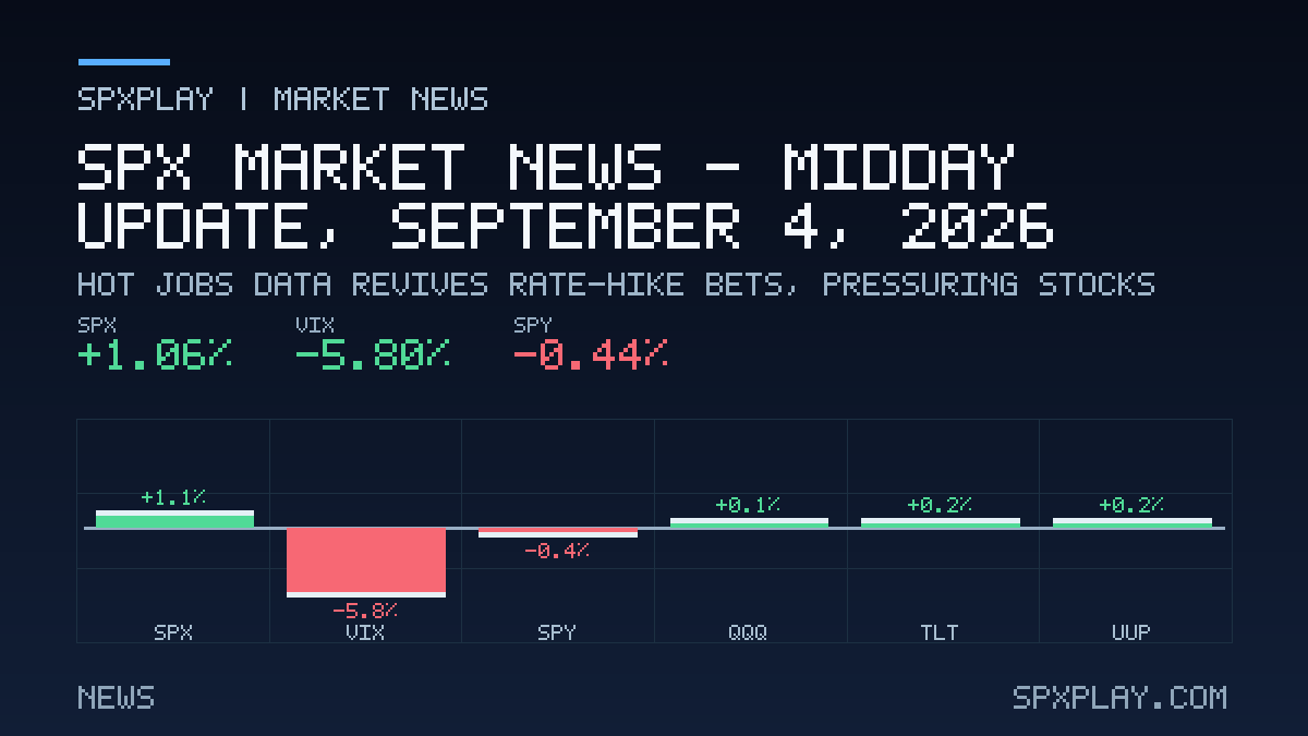 Market news graphic for SPX Market News — Midday update, September 4, 2026: Hot Jobs Data Revives Rate-Hike Bets, Pressuring Stocks